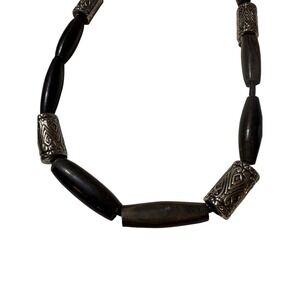 Wood Bead Necklace with Silver Tone Accent Beads – Boho Jewelry